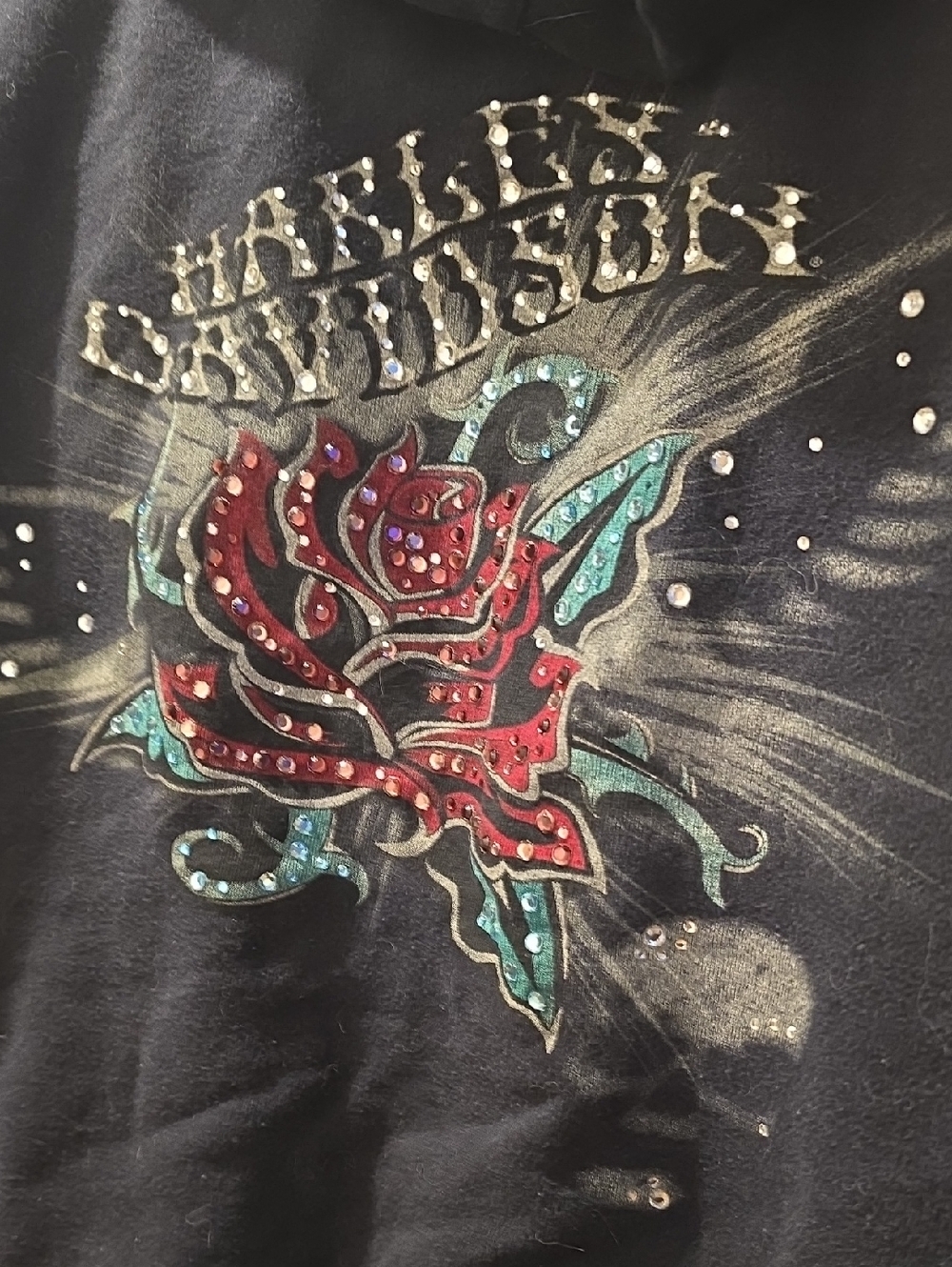 Harley-Davidson 100% Cotton Swarovski Crystal Ghost Skull Roses Hoodie - M